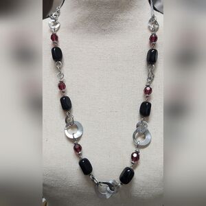 Lia Sophia Dark Ruby Red & Black Beaded Pewter-tone Adjustable Necklace